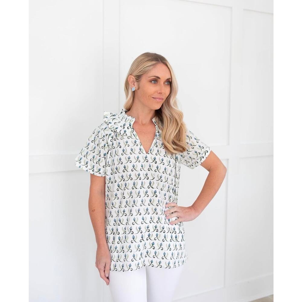 SAULE PARC 100% Cotton Ruffle Neckline Short Sleeved Blouse Floral Sz M Prarie
